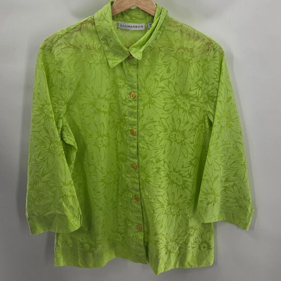 Sag Harbor Tops - Sag Harbor Lime Green Floral Button Up Sheer Cotton/Poly Blend Medium